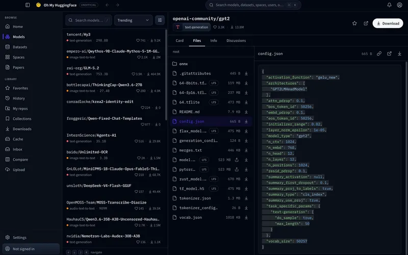 Files tab showing a repo tree and config.json preview