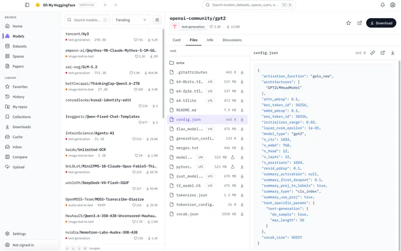 Files tab showing a repo tree and config.json preview