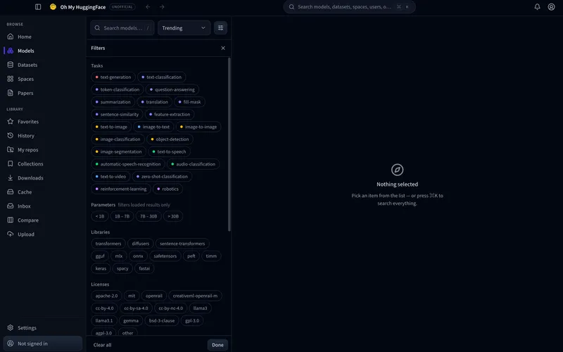 Filter panel with task, parameter, library, and license chips