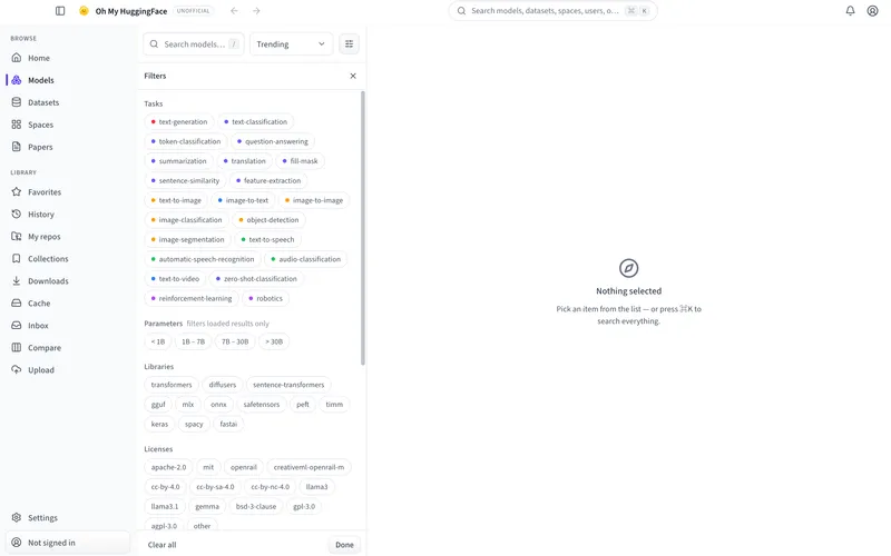 Filter panel with task, parameter, library, and license chips