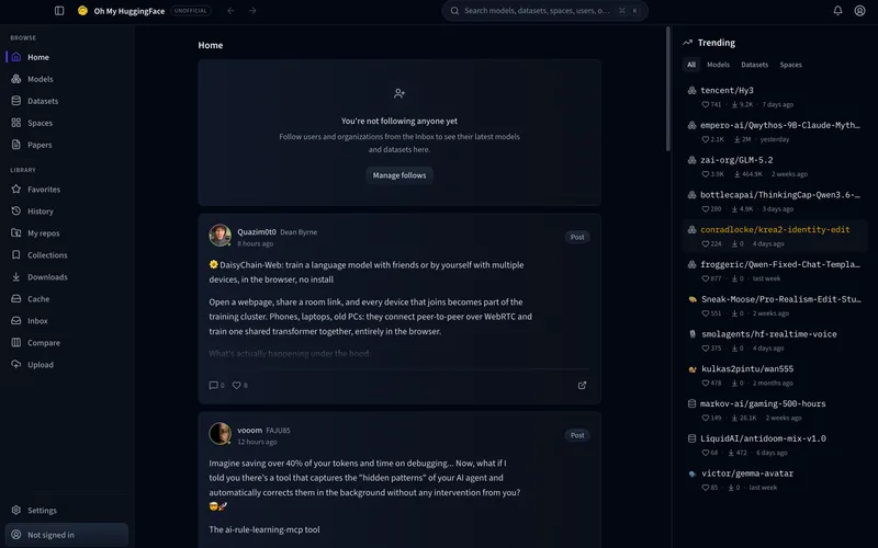 Home feed with posts and a trending sidebar