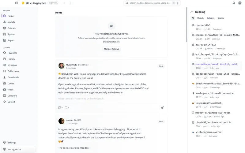 Home feed with posts and a trending sidebar