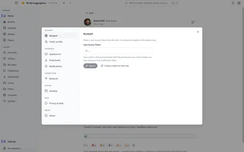 Settings modal with account, network, and privacy sections